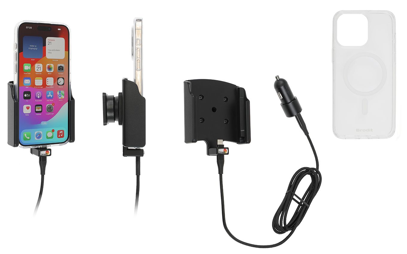 Brodit support/chargeur iPhone 15 Pro Max USB cig.+ case